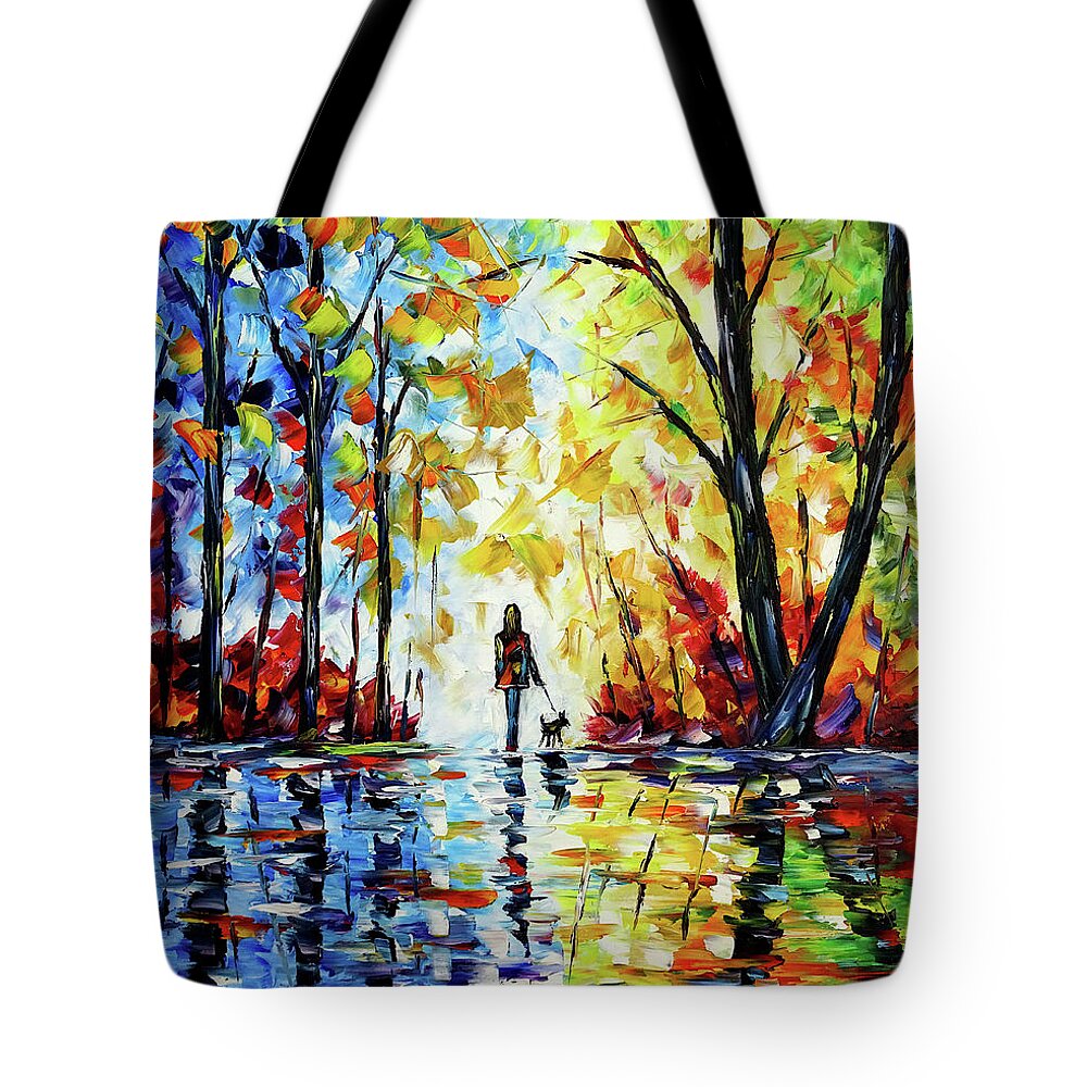 Woman Alone Tote Bag featuring the painting The Woman With The Dog by Mirek Kuzniar