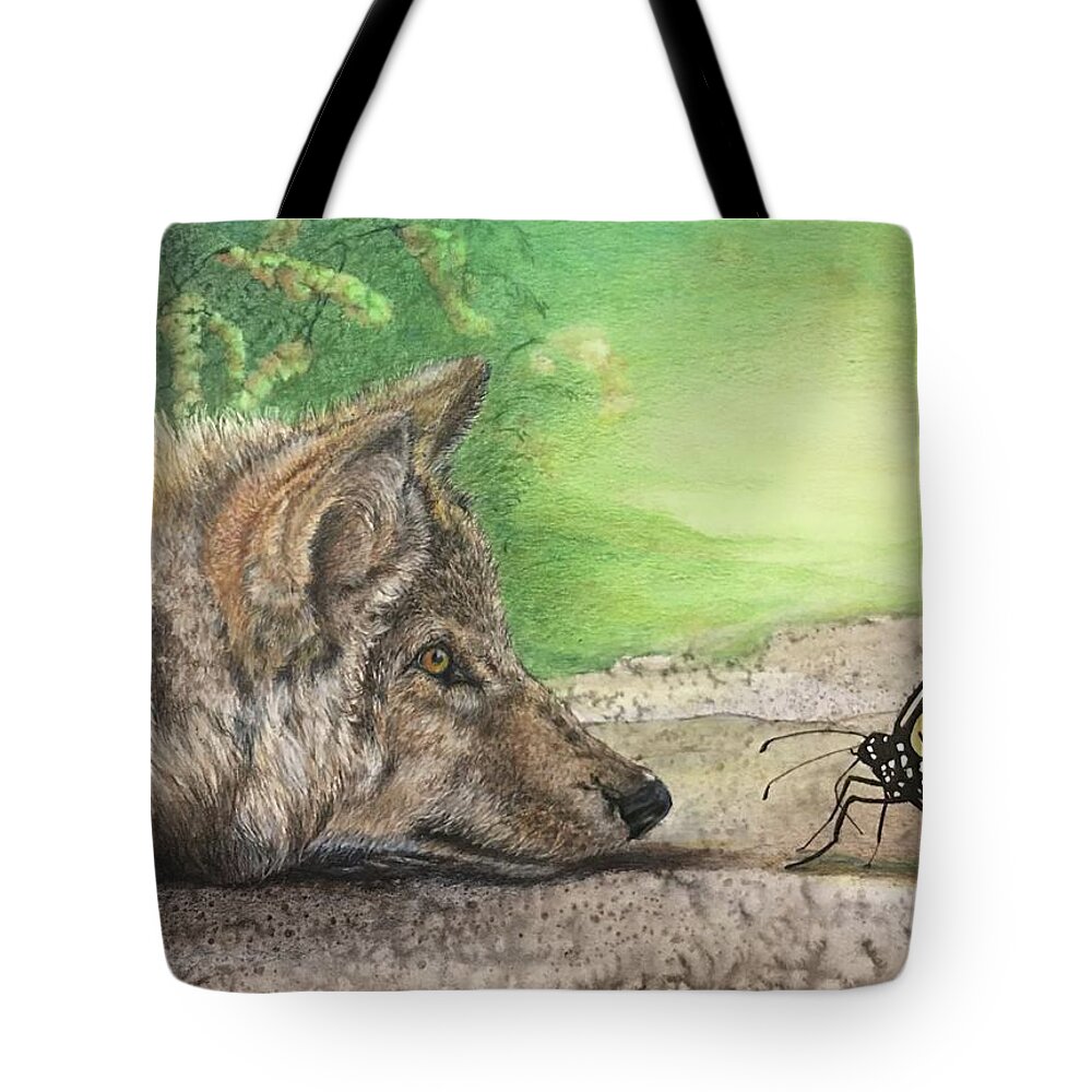 Wolf Tote Bag featuring the painting The wonder in front of you by Debbie Hornibrook