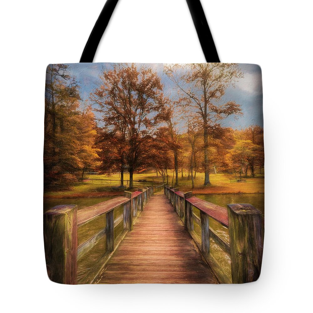 Carolina Tote Bag featuring the photograph The Wood Fishing Dock Autumn Painting by Debra and Dave Vanderlaan
