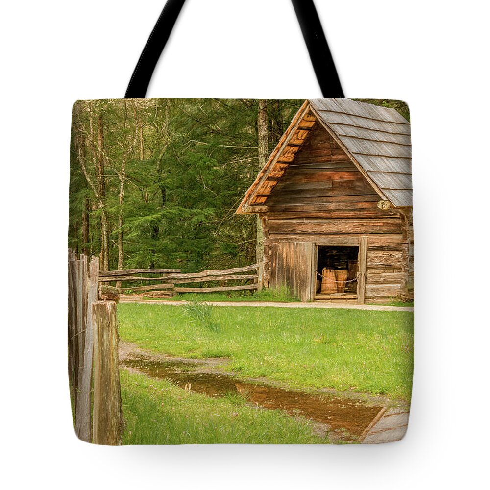Cades Cove Tote Bag featuring the photograph The Woodshed by Marcy Wielfaert