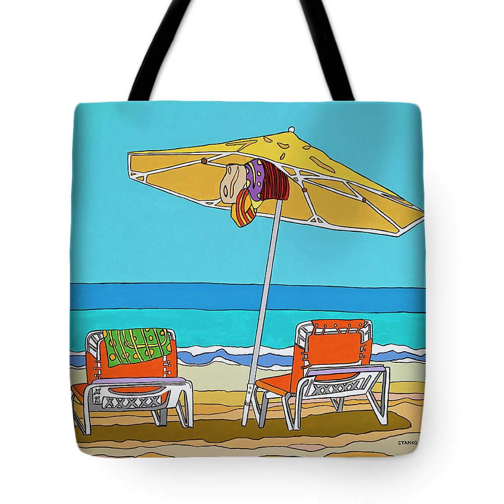 Beach Chairs Sand Ocean Water Summer Umbrella Tote Bag featuring the painting The yellow umbrella by Mike Stanko