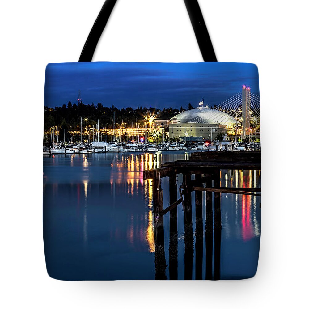 Thea Tote Bag featuring the photograph Thea Foss and T-Dome Blue Hour by Rob Green