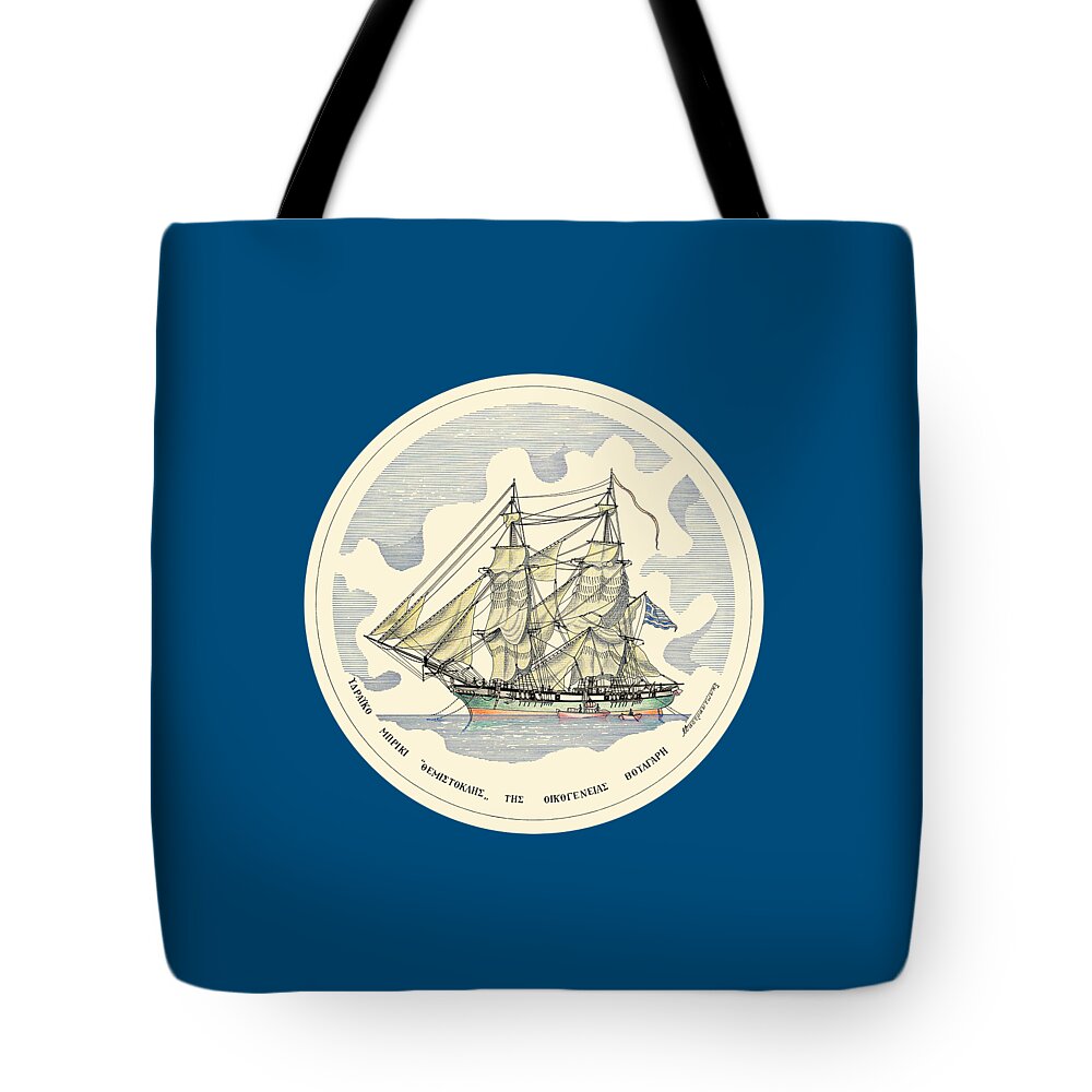 Historic Vessels Tote Bag featuring the drawing The brig Themistoklis - 1816 miniature with colored border by Panagiotis Mastrantonis