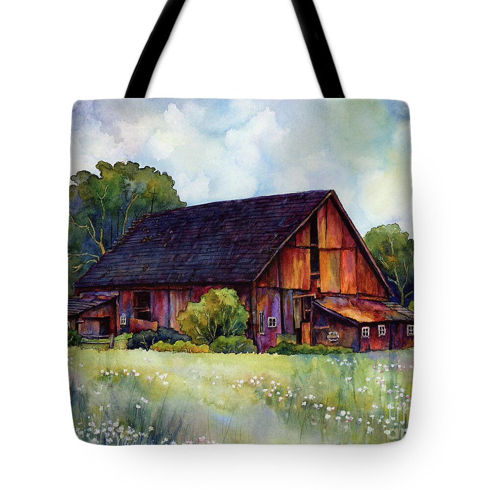 Barn Tote Bag featuring the painting This Old Barn by Hailey E Herrera