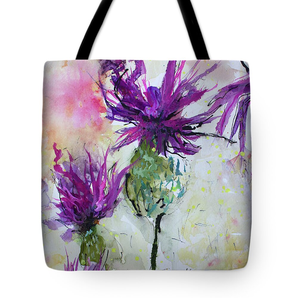 Flowers Tote Bag featuring the painting Thistle Concerto Watercolors and ink Art by Ginette Callaway