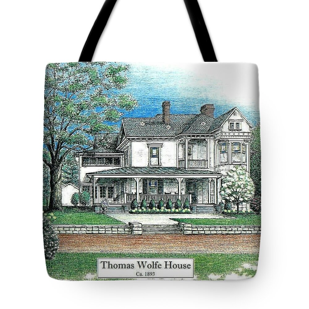 Thomas Wolfe Tote Bag featuring the drawing Thomas Wolfe House by Lee Pantas