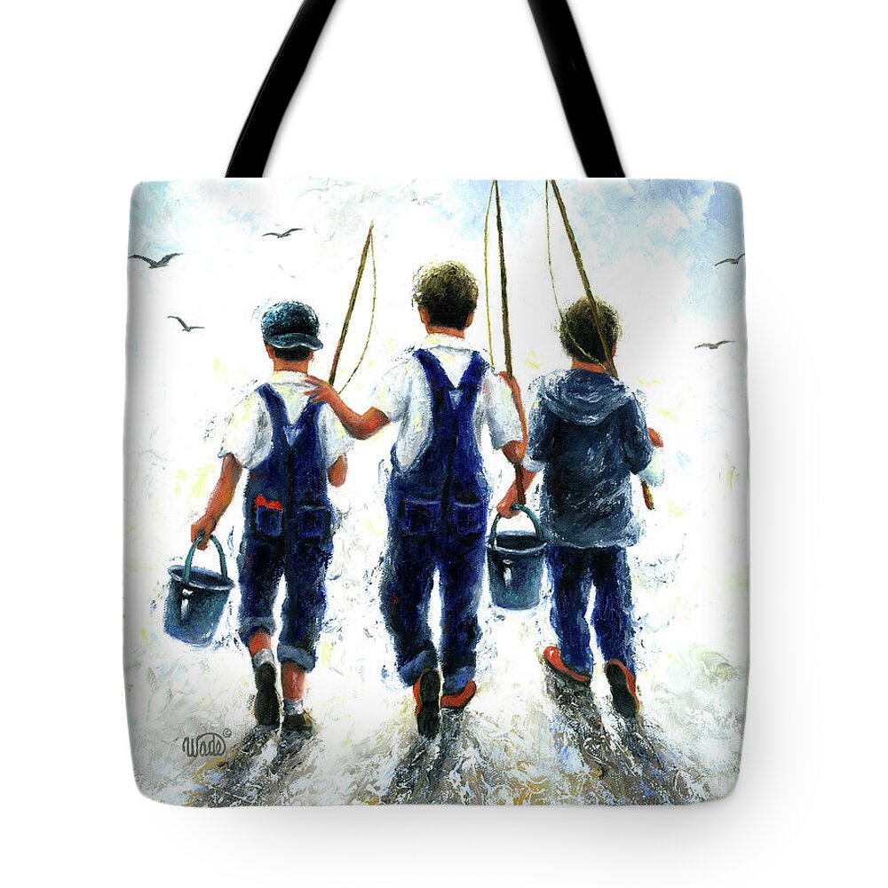 Three Boys Going Fishing Tote Bag by Vickie Wade - Vickie Wade