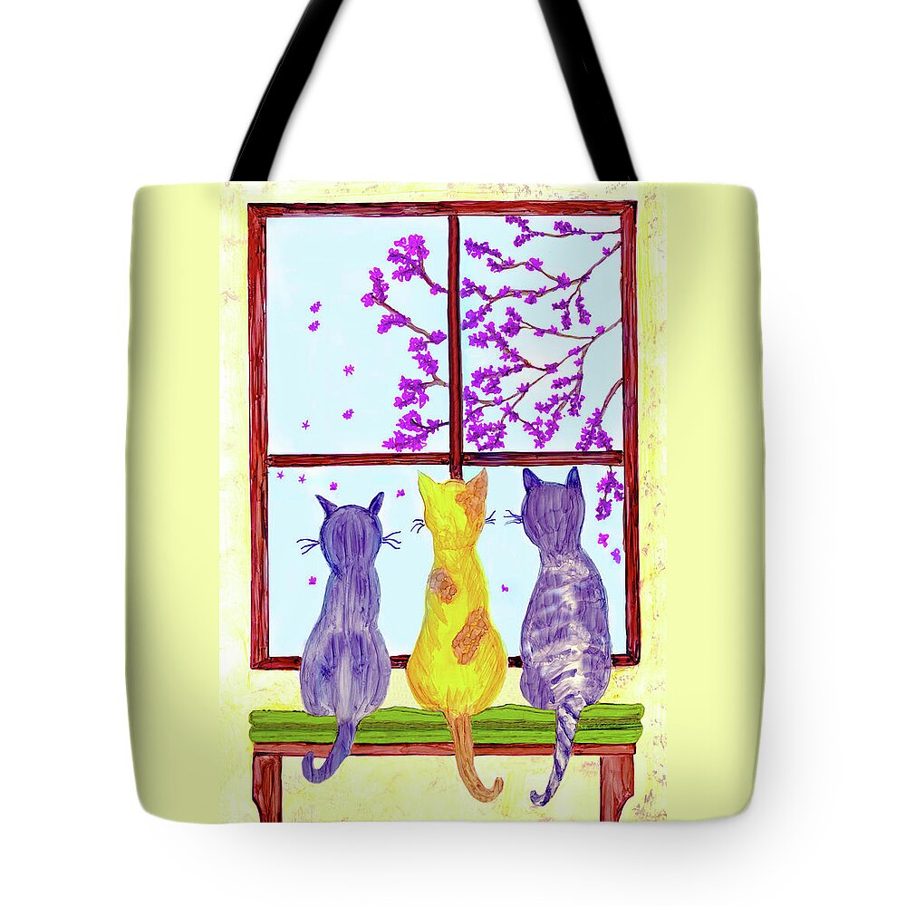 Cat Tote Bag featuring the painting Three Cats Watch Pink Blossoms Fall From A Cherry Tree by Deborah League