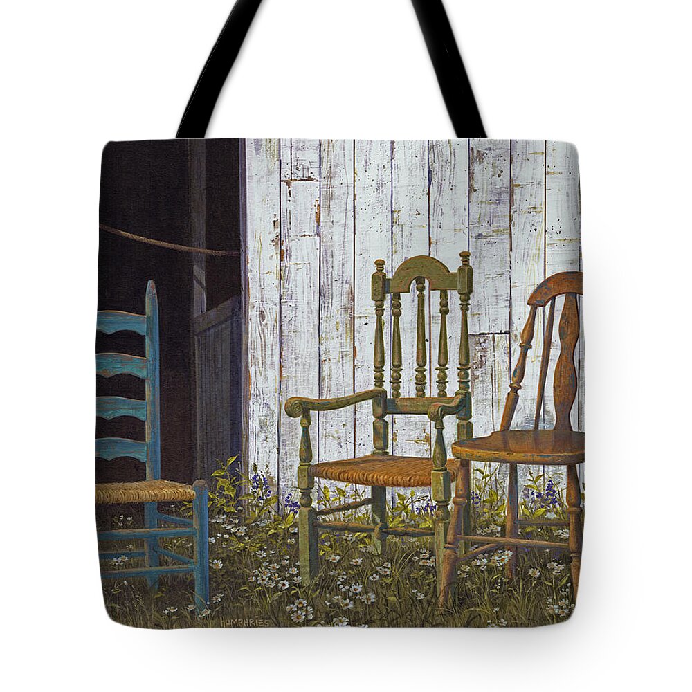 Michael Humphries Tote Bag featuring the painting Three Chairs by Michael Humphries