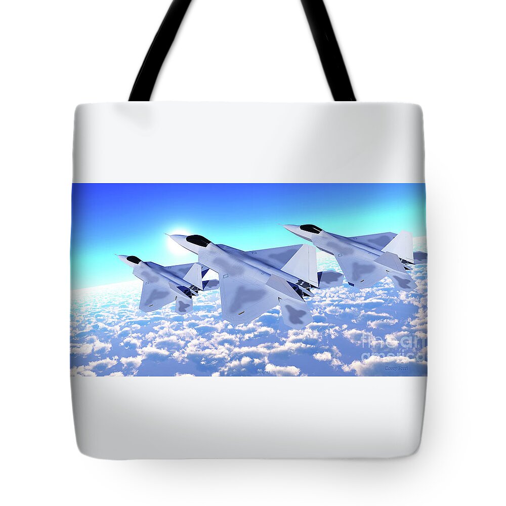 F-22 Tote Bag featuring the digital art Three F-22 Fighter Jets by Corey Ford