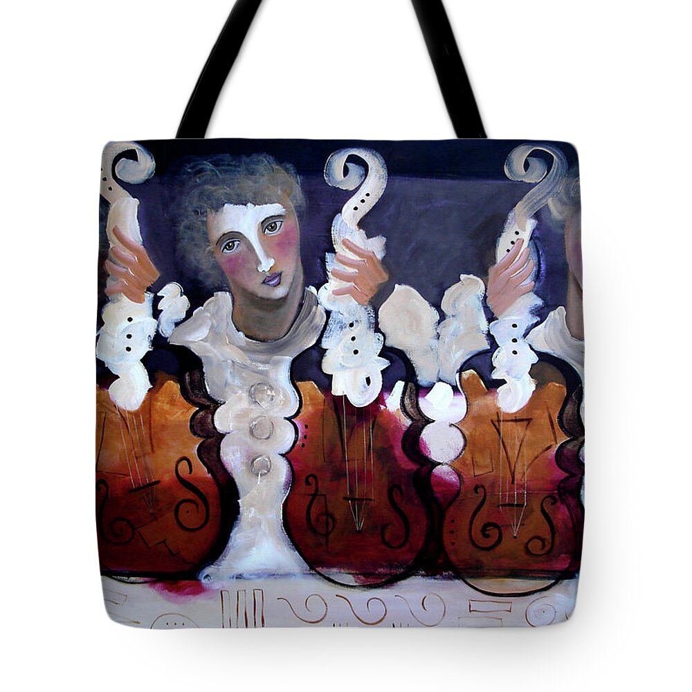 Figurative Tote Bag featuring the painting Three From Above by Jim Stallings
