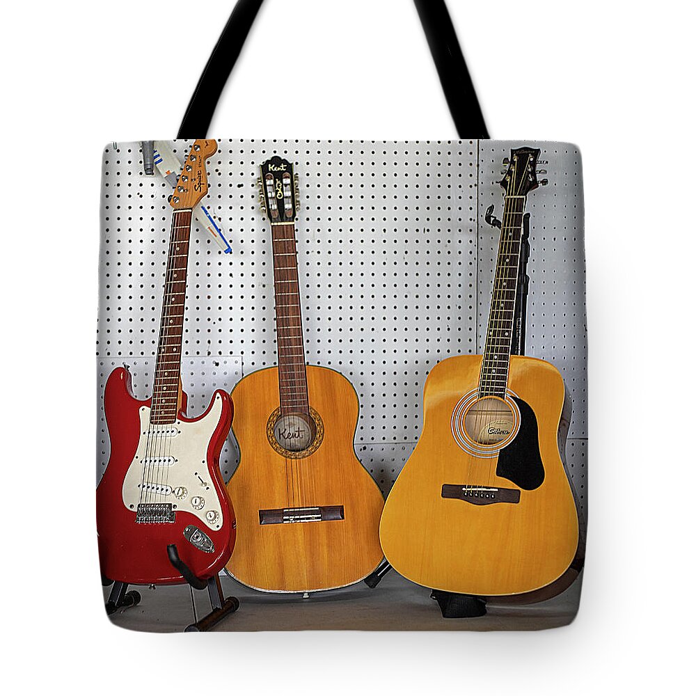 Guitar Tote Bag featuring the photograph Three Guitars by Dart Humeston