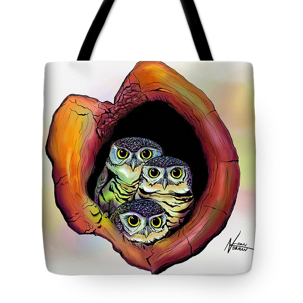 Wildlife Tote Bag featuring the digital art Three Owls by Norman Klein