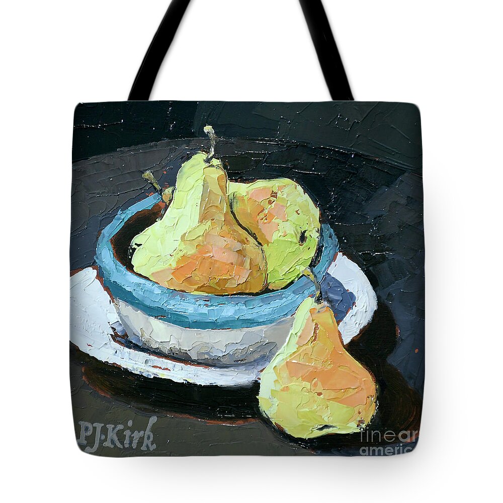 Pear Tote Bag featuring the painting Three Pears by PJ Kirk