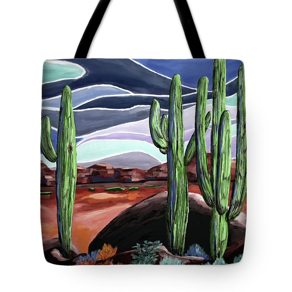 Saguaros Tote Bag featuring the digital art Three Saguaros by Ken Taylor