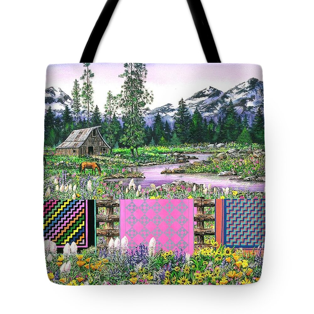 Mountains Tote Bag featuring the painting Three Sisters Quilts by Diane Phalen