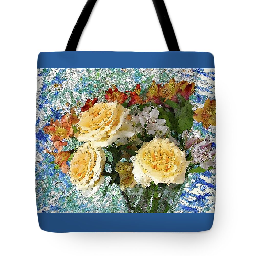 Rose Tote Bag featuring the photograph Three Yellow Roses on Blues by Corinne Carroll