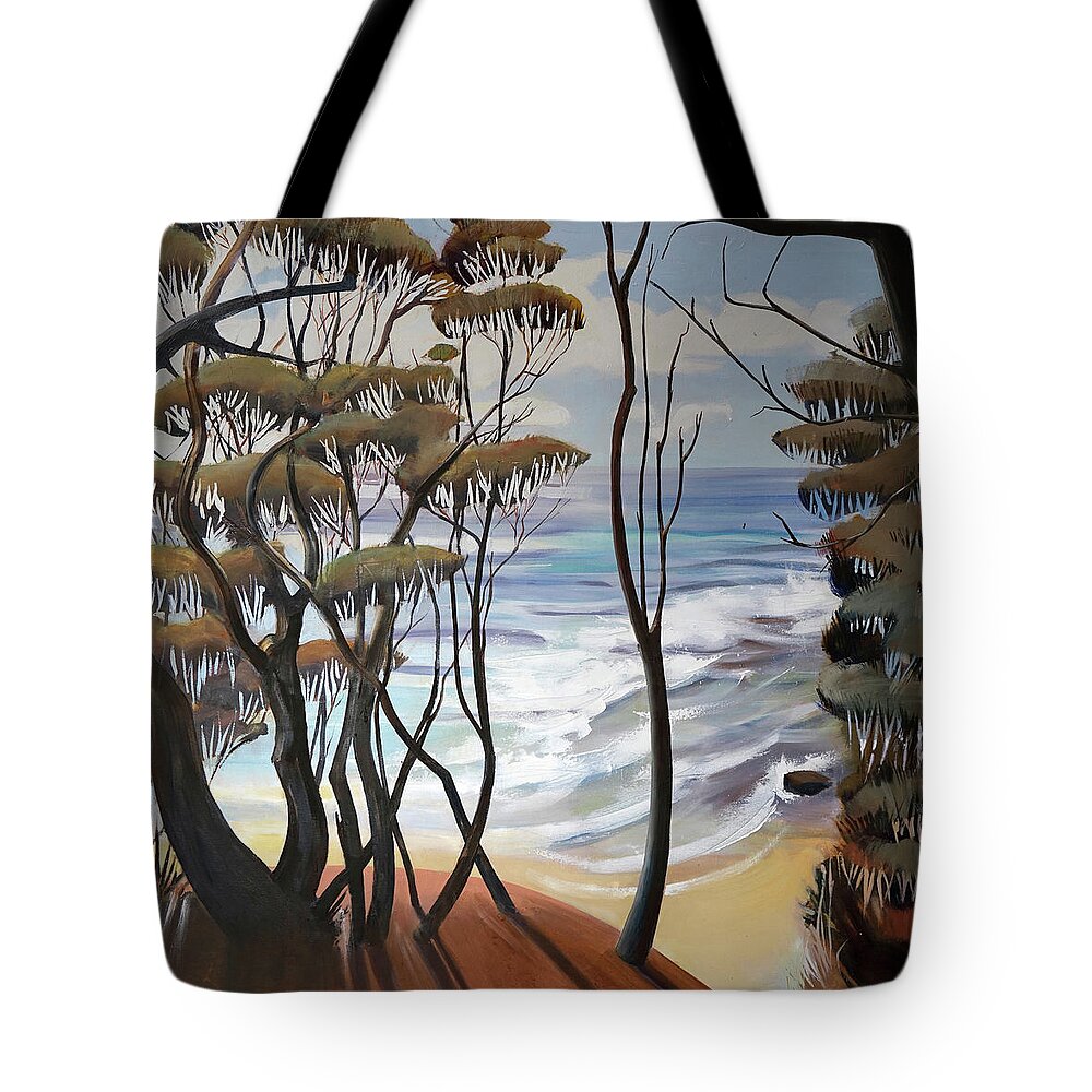 Shirley Peters Tote Bag featuring the painting Through Trees to Coast by Shirley Peters