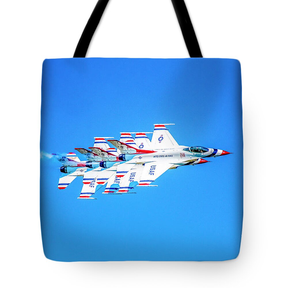 Thunderbirds Tote Bag featuring the photograph Thunderbirds Echelon Formation by Jeff at JSJ Photography
