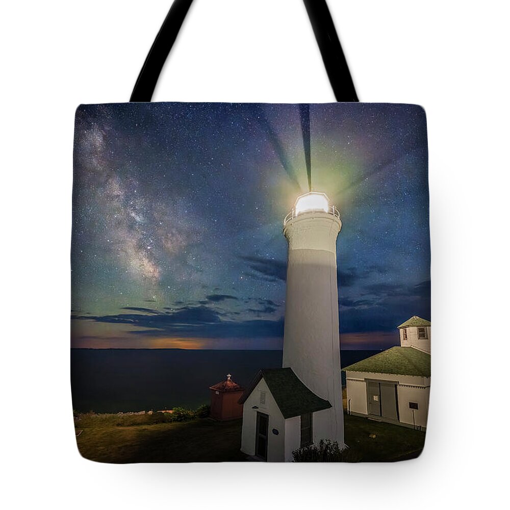 Tibbetts Point Lighthouse Tote Bag featuring the photograph Tibbetts Point Lighthouse And The Milky Way by Mark Papke