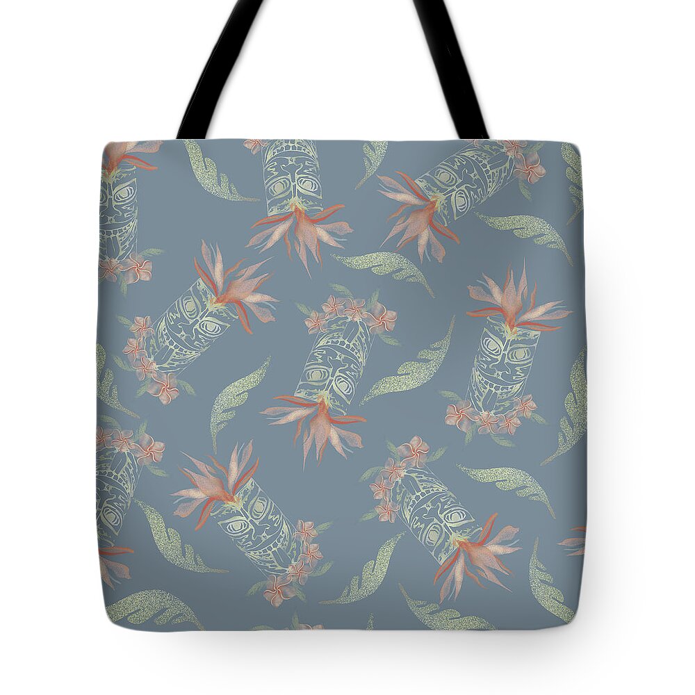 Tiki Tote Bag featuring the digital art Tiki Floral Pattern by Sand And Chi
