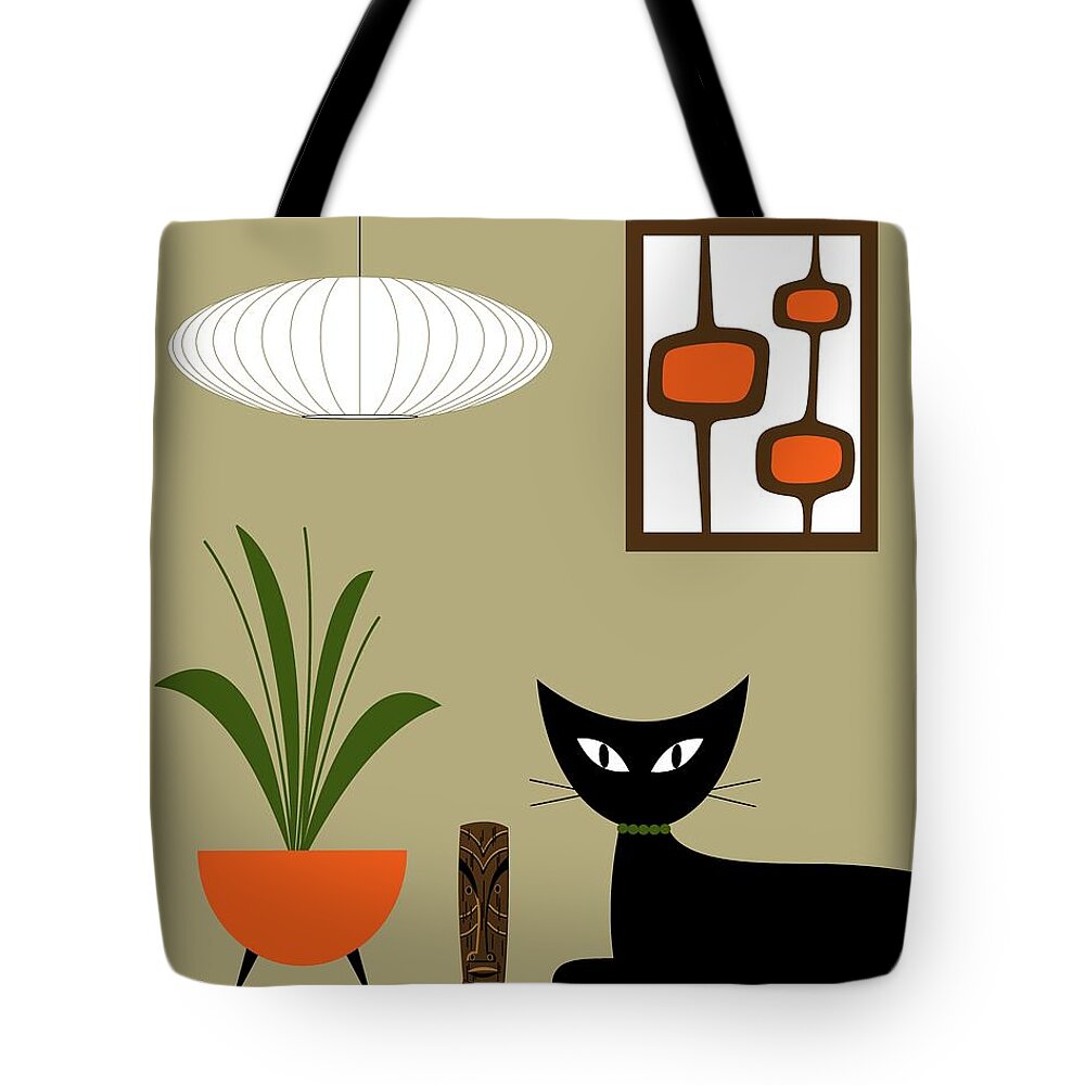 Mid Century Black Cat Tote Bag featuring the digital art Tiki Tabletop Cat with Pods by Donna Mibus