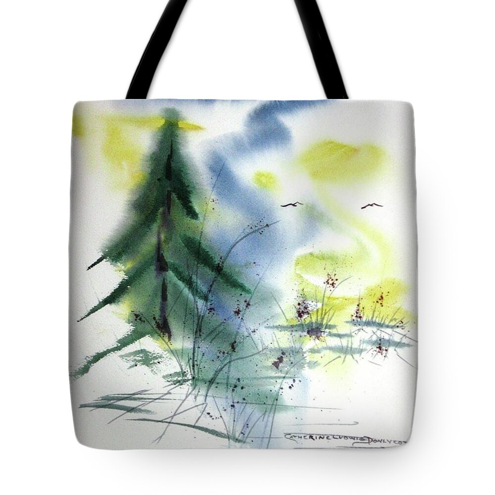 Abstract Tote Bag featuring the painting Abstract Fir Tree on Lake Tillery by Catherine Ludwig Donleycott
