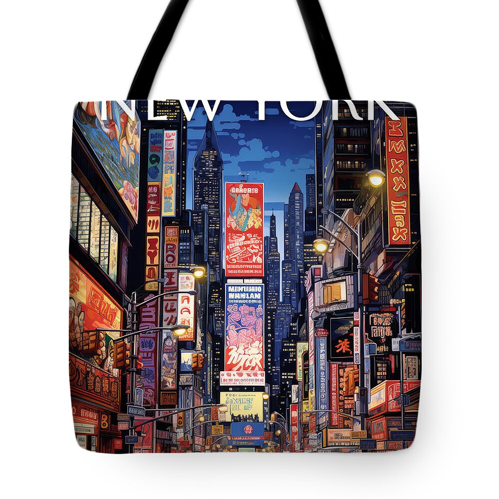 New Yorker Magazine Tote Bag featuring the painting Time Square by Land of Dreams