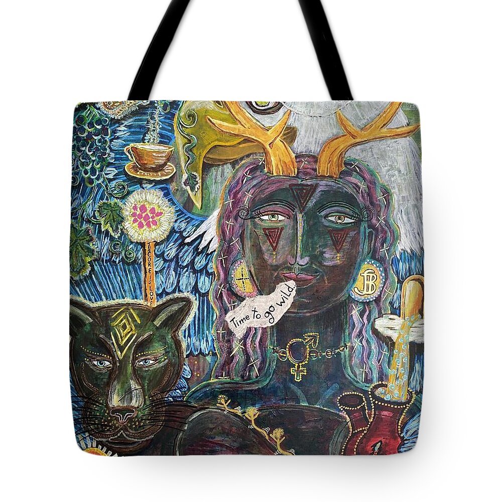 #wildness #freedom #creativity #animalspirits #eagle #blackpanther #babygirl #spider #butterfly Tote Bag featuring the painting Time to Go Wild by Sylvia Becker-Hill