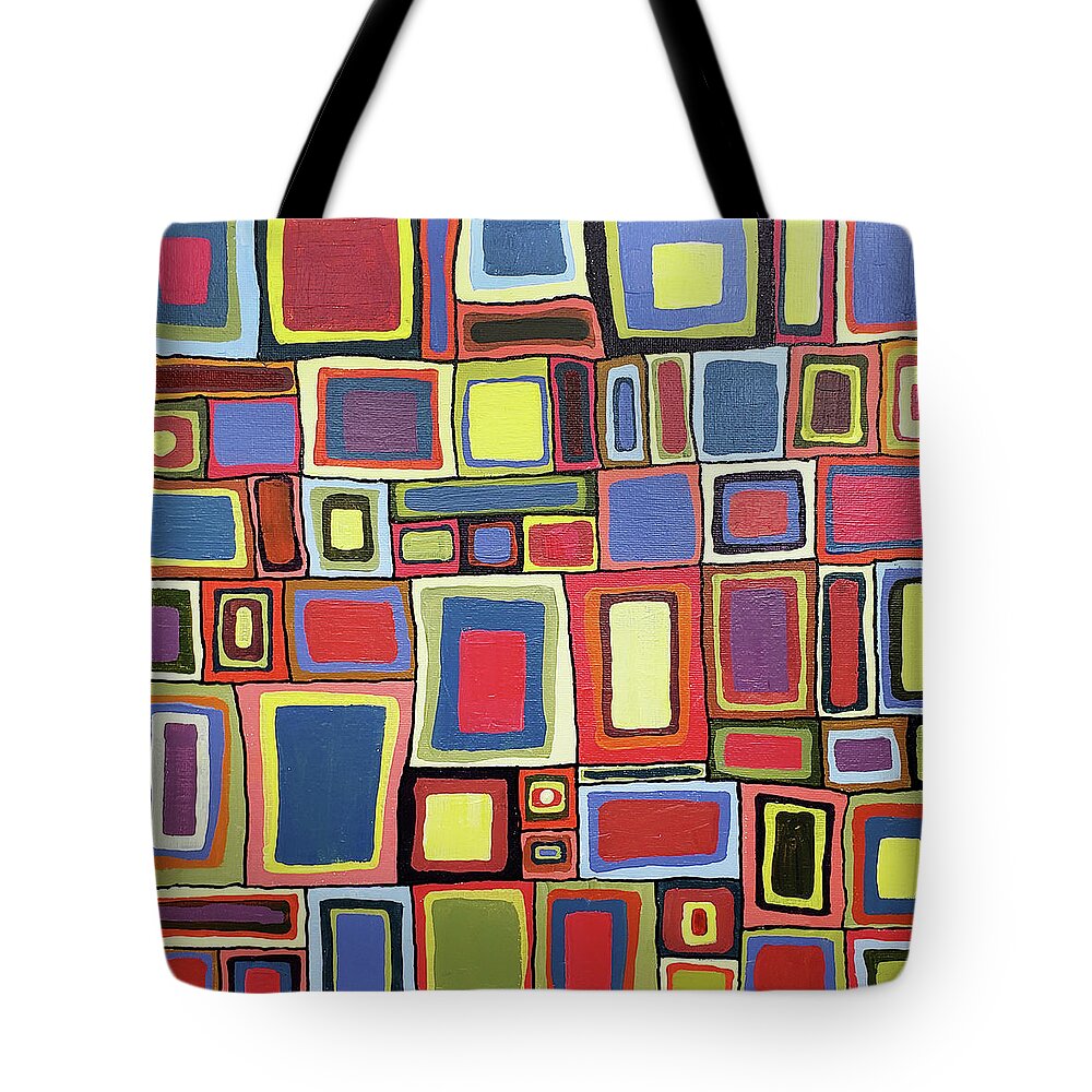 Colorful Abstract Tote Bag featuring the painting TIMES SQUARED RETRO Abstract of Squares in Red Blue Yellow Green Black by Lynnie Lang
