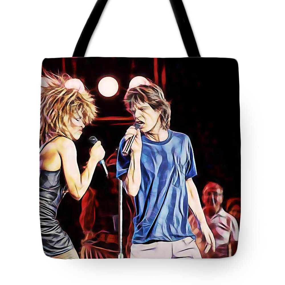Tina Turner Tote Bag featuring the mixed media Tina Turner and Mick Jagger Collection by Marvin Blaine