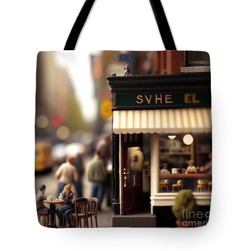  Tote Bag featuring the mixed media Tiny City Coffee by Jay Schankman