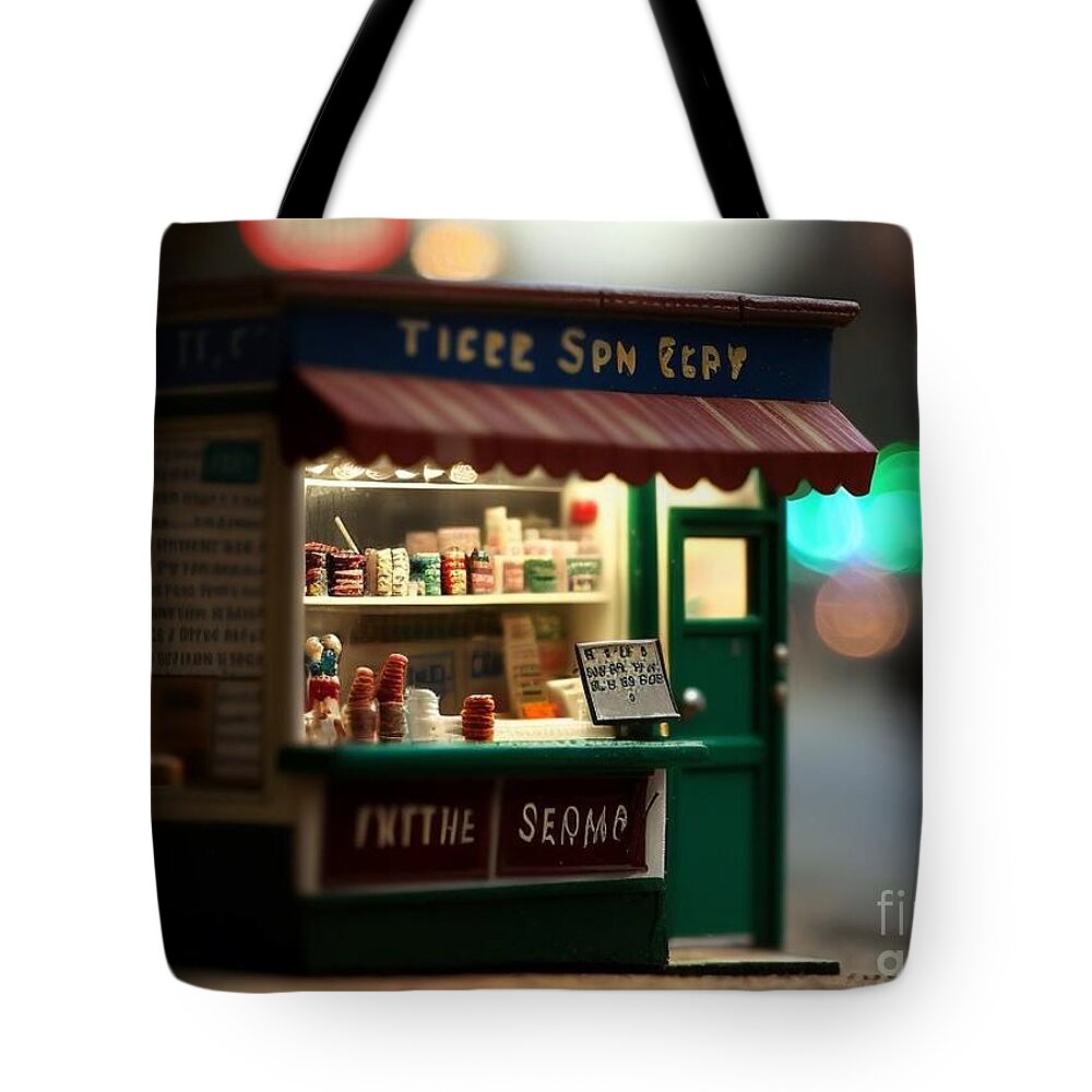 A Variety Of Jams Tote Bag featuring the mixed media Tiny City Shop II by Jay Schankman