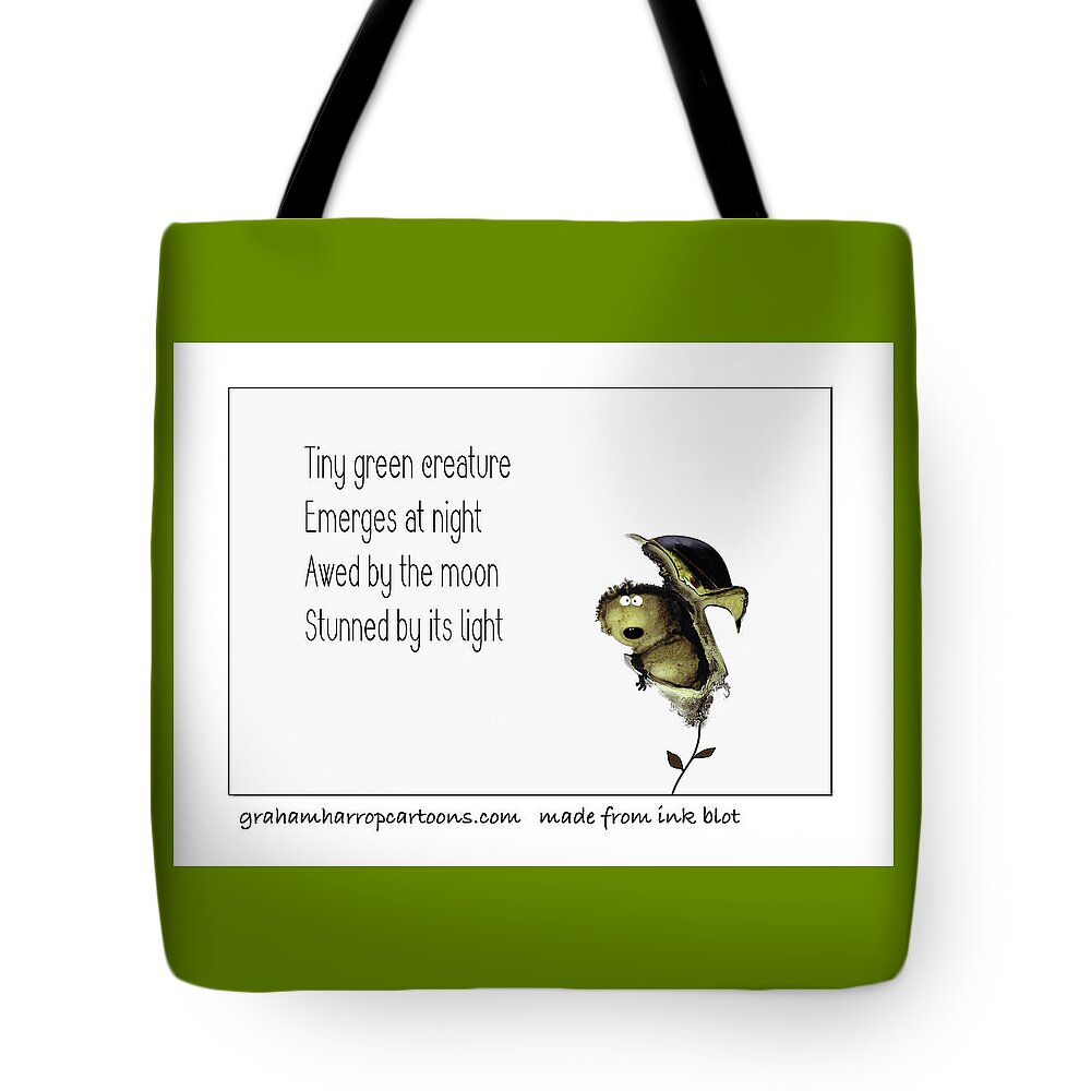 Animals Tote Bag featuring the mixed media Tiny green creature by Graham Harrop