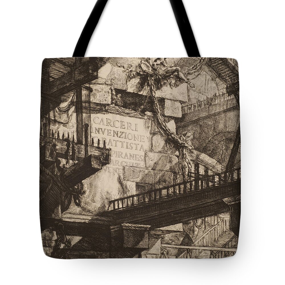 1750 Tote Bag featuring the drawing Title Plate, Plate I from Imaginary Prisons, 1750 by Giovanni Piranesi