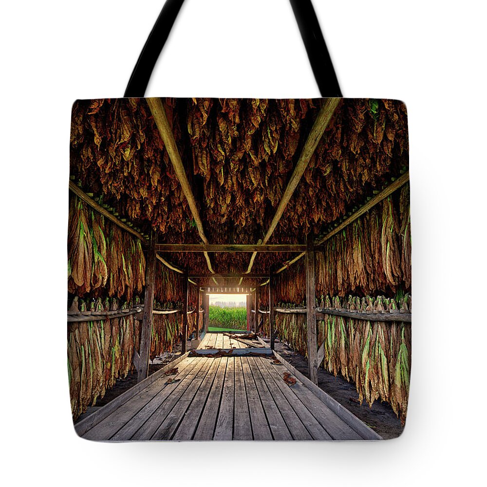 Tobacco Tote Bag featuring the photograph Tobacco Tunnel - Veum tobacco shed loaded full of curing tobacco near Stoughton Wisconsin by Peter Herman