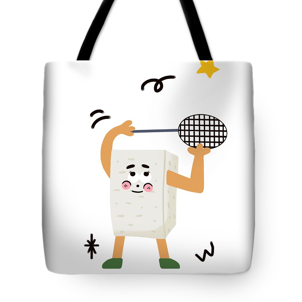 Tofu，bean Curd Tote Bag featuring the drawing Tofu loves playing badminton by Min Fen Zhu