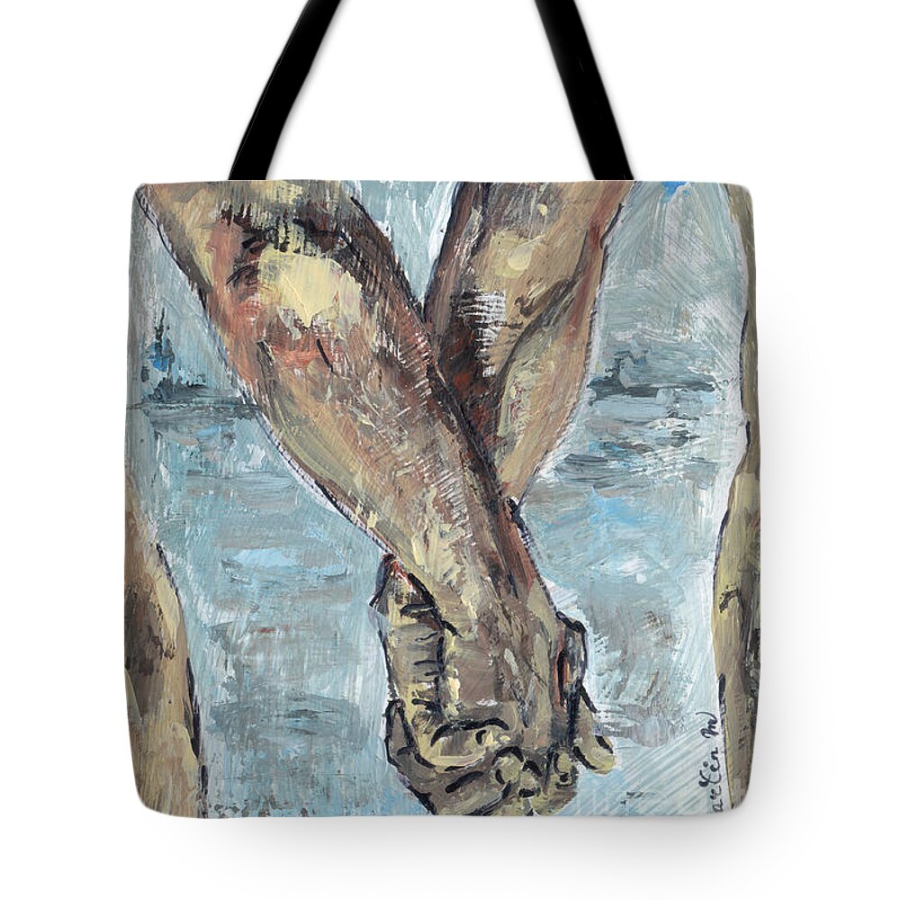 Male Nudity Tote Bag featuring the painting Together Gay Lovers Holding Hands by Martin M