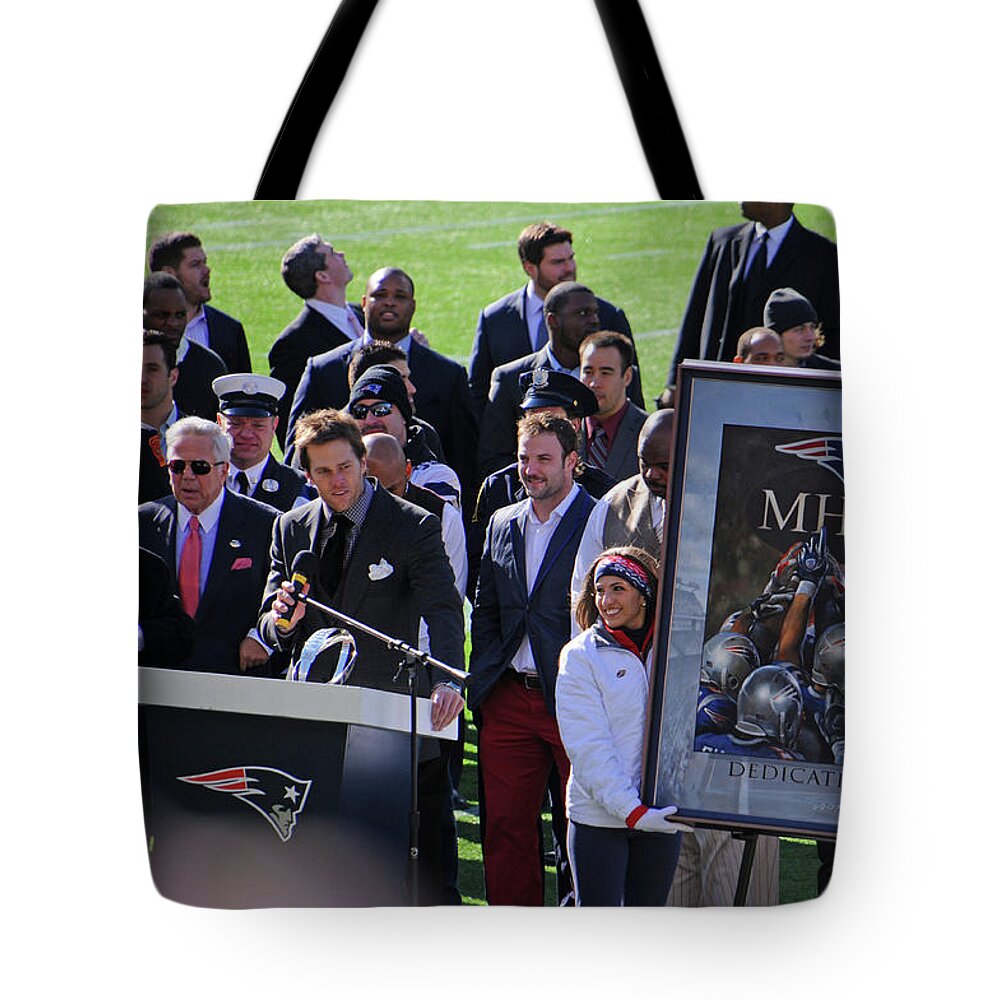 Tom Brady Tote Bag featuring the photograph Tom Brady at the Podium by Mike Martin