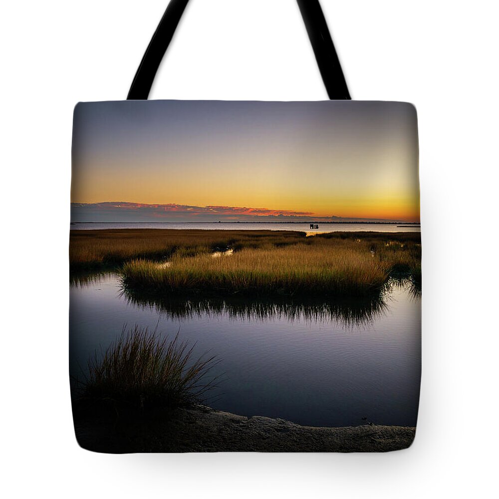 Chincoteague Island National Refuge Tote Bag featuring the photograph Tom's Cove at Sunset by Rachel Morrison