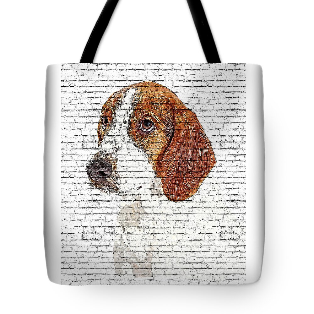 Sad Tote Bag featuring the painting Too Adorable Sad Hound Dog - Brick Block Background by Custom Pet Portrait Art Studio