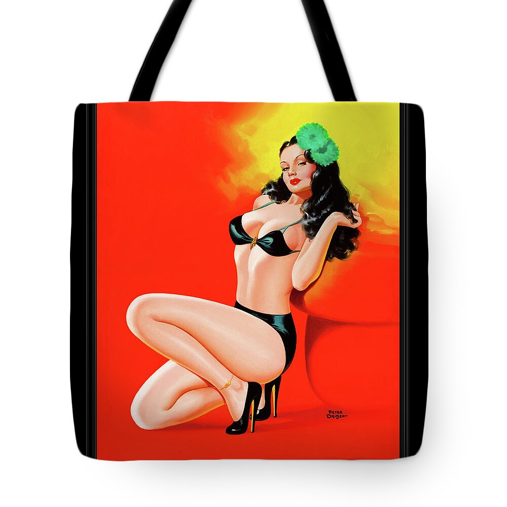 Too Hot To Touch Tote Bag featuring the painting Too Hot To Touch by Peter Driben Vintage Pin-Up Girl Art by Rolando Burbon