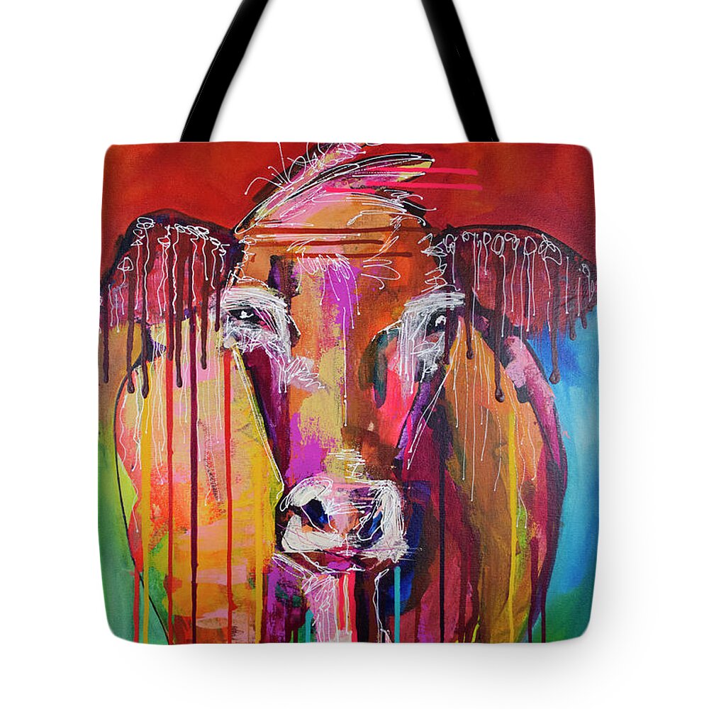 Cow Tote Bag featuring the painting Too Moo for Yoo III by Robin Valenzuela