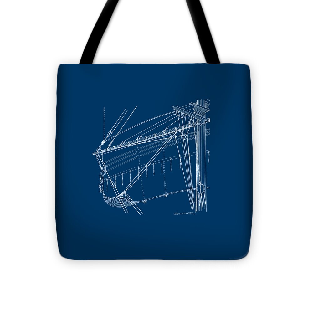 Sailing Vessels Tote Bag featuring the drawing Top-mast yard and sail - blueprint by Panagiotis Mastrantonis