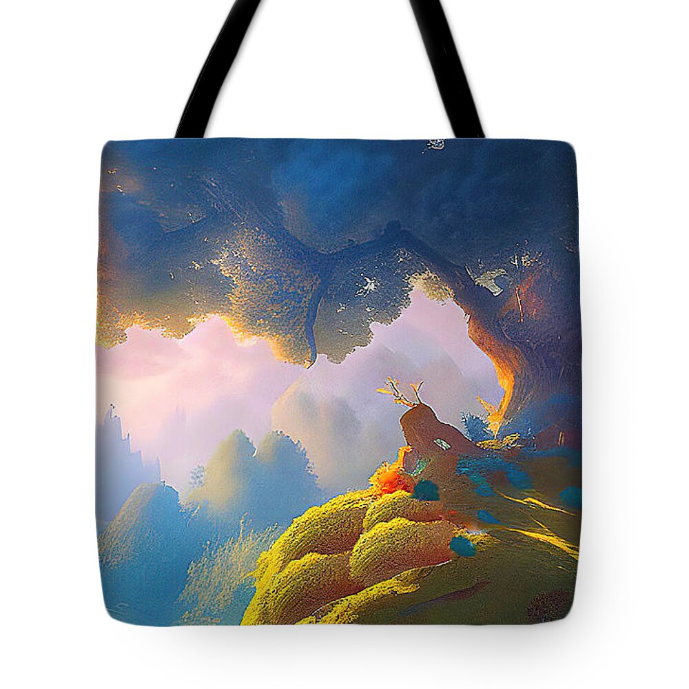Fantasy Landscape Tote Bag featuring the mixed media Top of the World by John DeGaetano