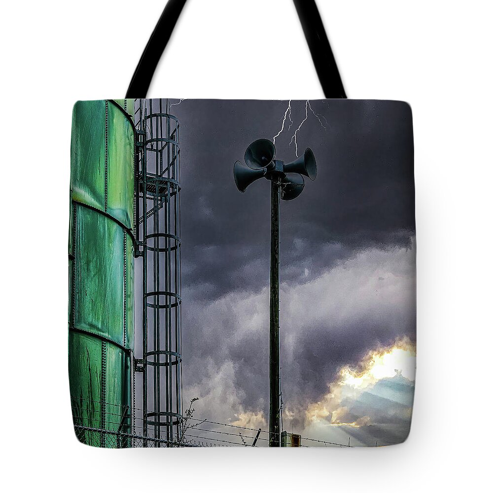 Lightning Tote Bag featuring the photograph Tornado Warning Siren by Darryl Brooks