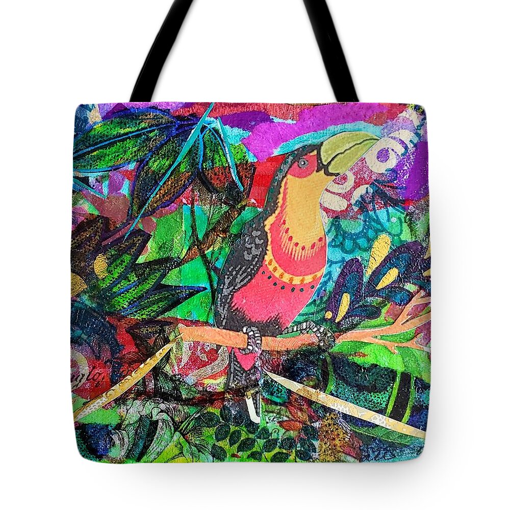 Exotic Bird Tote Bag featuring the mixed media Toucan Time by Deborah Cherrin