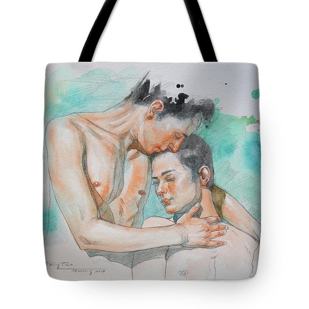Male Nude Tote Bag featuring the painting Touch by Hongtao Huang