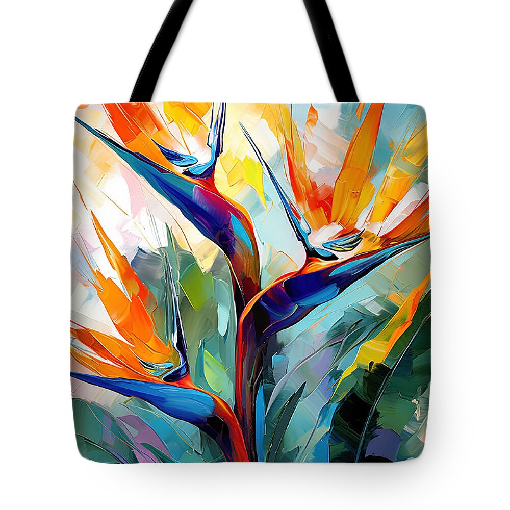 Bird Of Paradise Art Tote Bag featuring the painting Touch of Exotic - Colorful Bird of Paradise Plant by Lourry Legarde