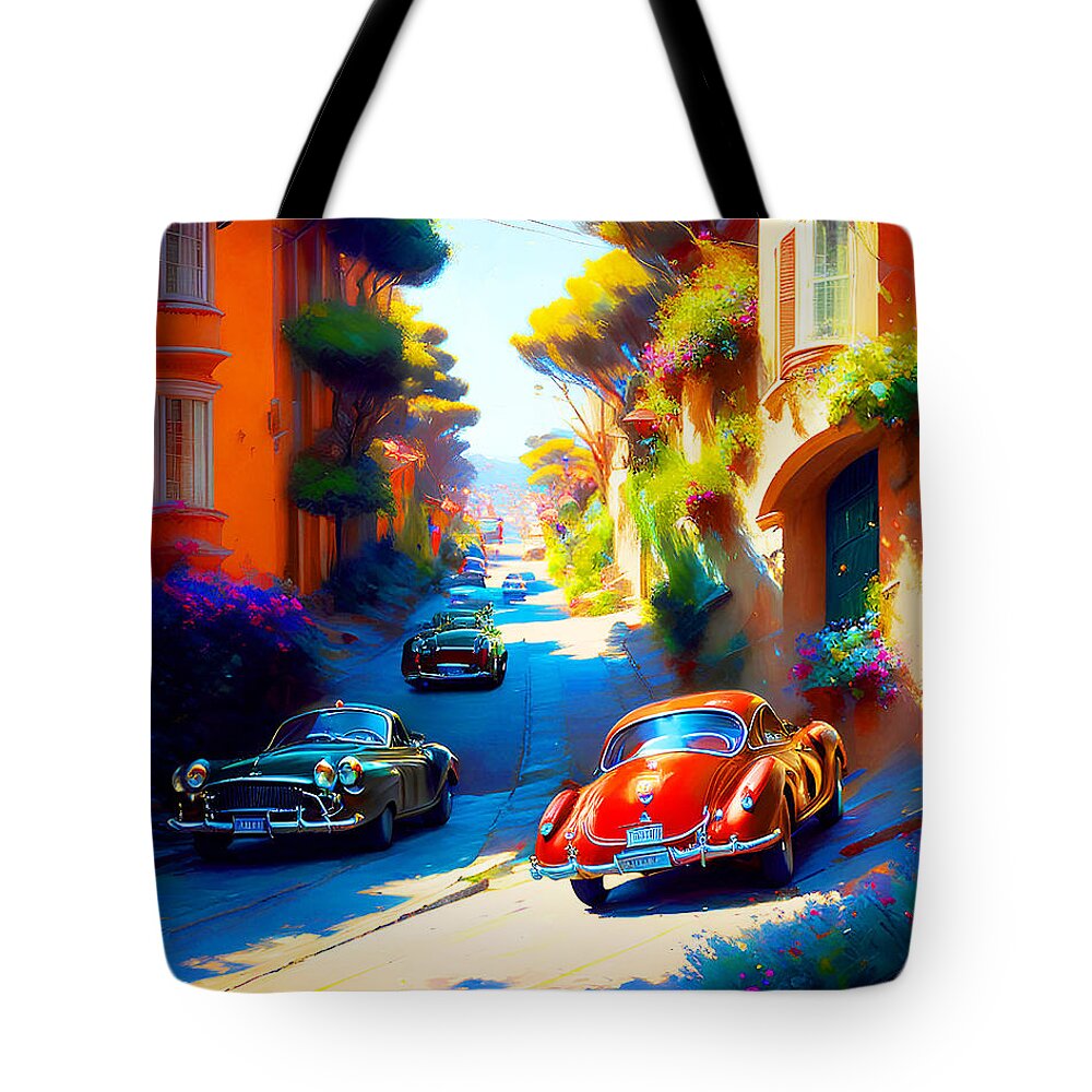 Wingsdomain Tote Bag featuring the mixed media Touring A Quaint Coastal Town In Classic Cars 20230111g by Wingsdomain Art and Photography